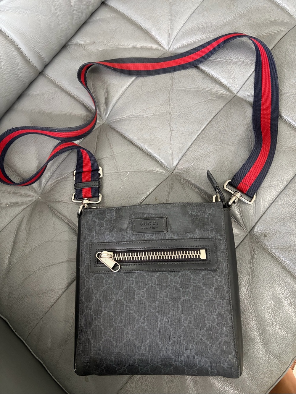 Gucci Black GG Monogram Messenger with Red and Blue Web Strap